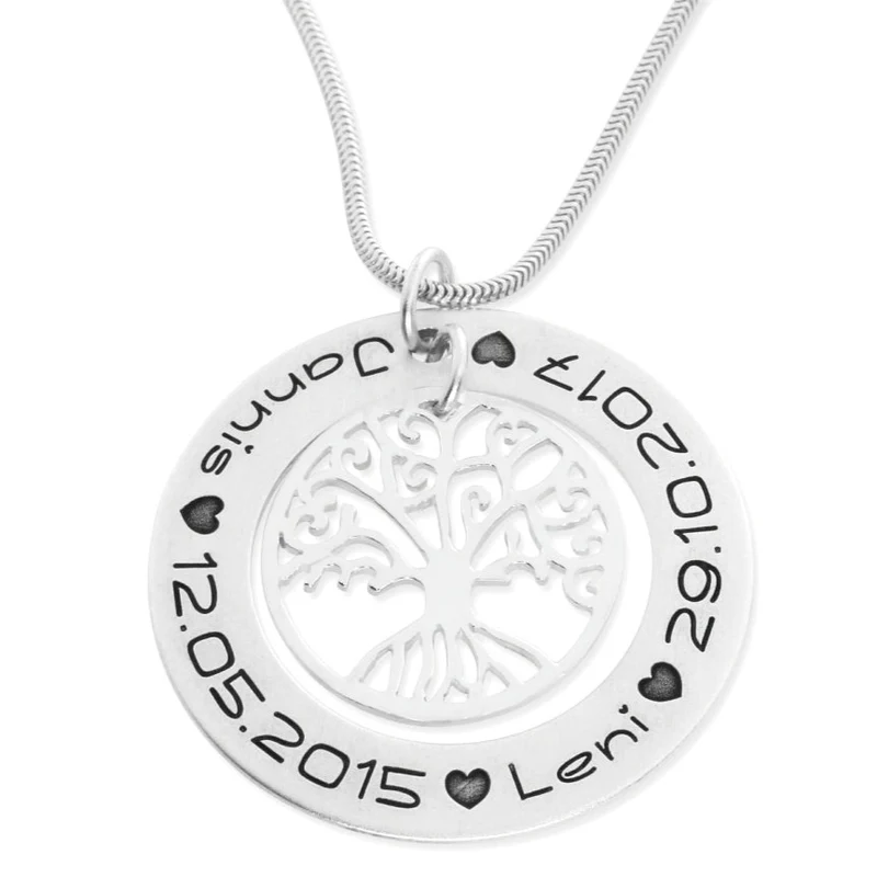 FAMILIENKETTE MIT NAMEN KETTE MIT GRAVUR 925 SILBER DAMEN HALSKETTE LEBENSBAUM FAMILIE