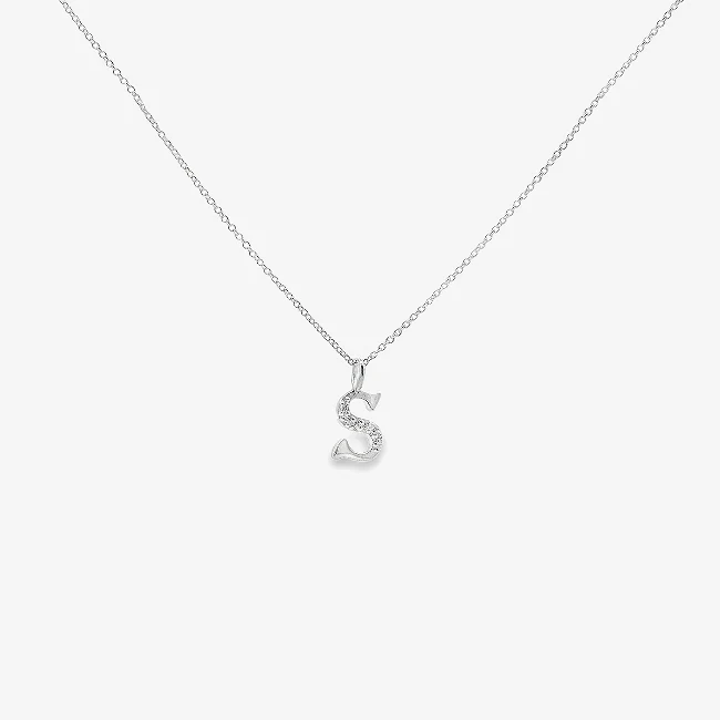 Letter S Silver & CZ Initial Pendant Necklace, 40-45cm
