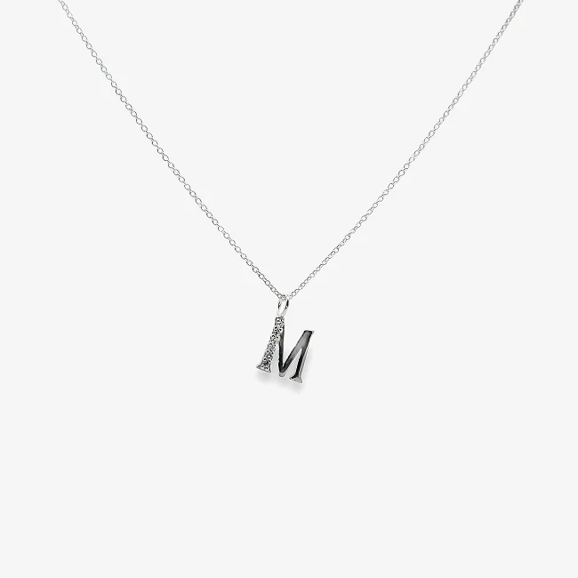 Letter M Silver & CZ Initial Pendant Necklace, 40-45cm