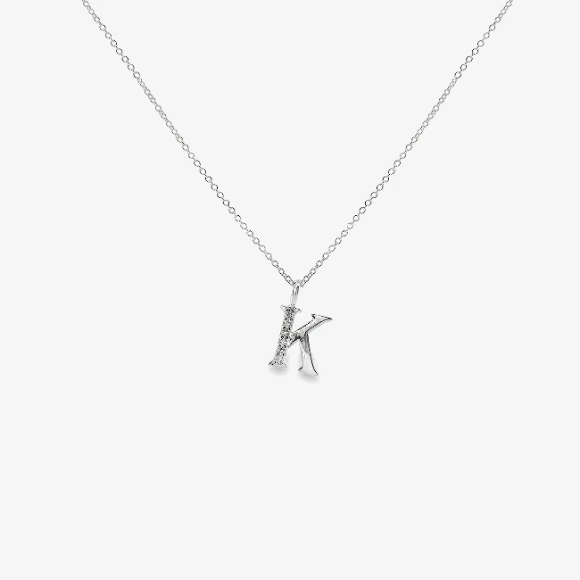 Letter K Silver & CZ Initial Pendant Necklace, 40-45cm