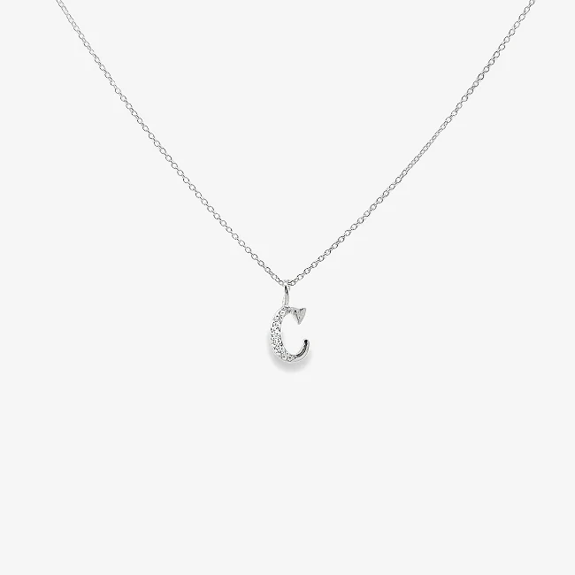 Letter C Silver & CZ Initial Pendant Necklace, 40-45cm