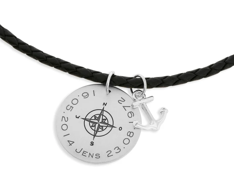LEDERKETTE FÜR MANN HERRENKETTE GRAVUR MÄNNERSCHMUCK KOORDINATEN SCHMUCK