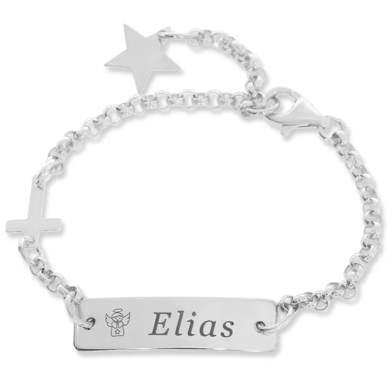 ID ARMBAND MIT ENGEL NAMENSKETTCHEN 925 SILBER TAUFARMBAND JUNGE SILBERARMBAND