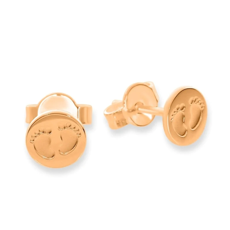GESCHENK ZUR GEBURT, OHRSTECKER MIT FÜßCHEN ROSÉ VERGOLDET