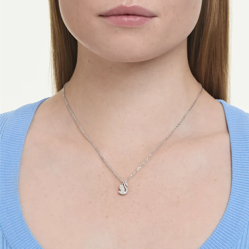 Swan Pendant Necklace with Mixed-Cut White Crystal in Rhodium Silver