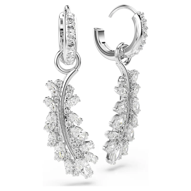 Vienna Feather Earrings with Mixed-Cut White Crystal in Rhodium Silver