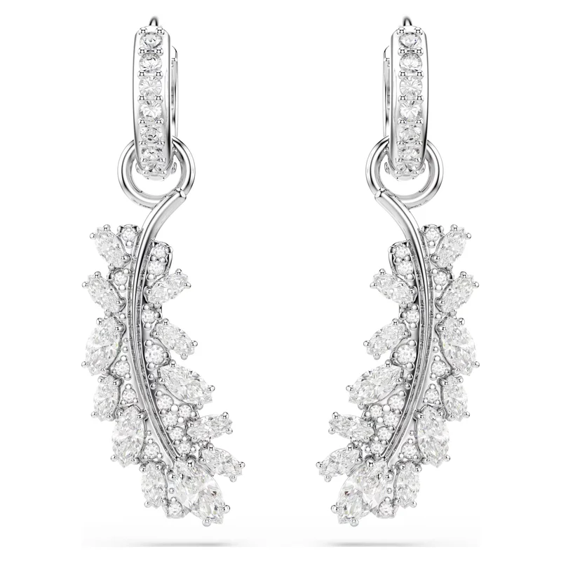 Vienna Feather Earrings with Mixed-Cut White Crystal in Rhodium Silver