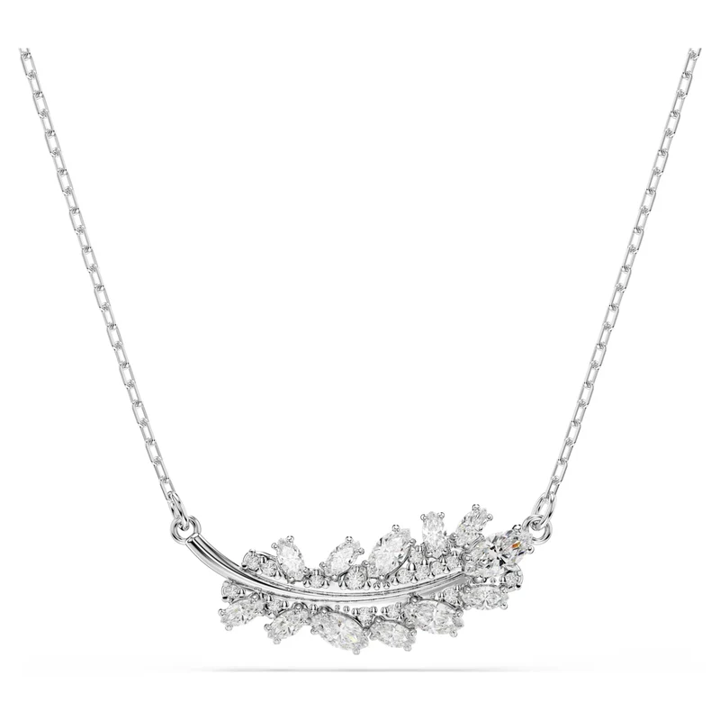 Vienna Feather Pendant Necklace with Mixed-Cut White Crystal in Rhodium Silver