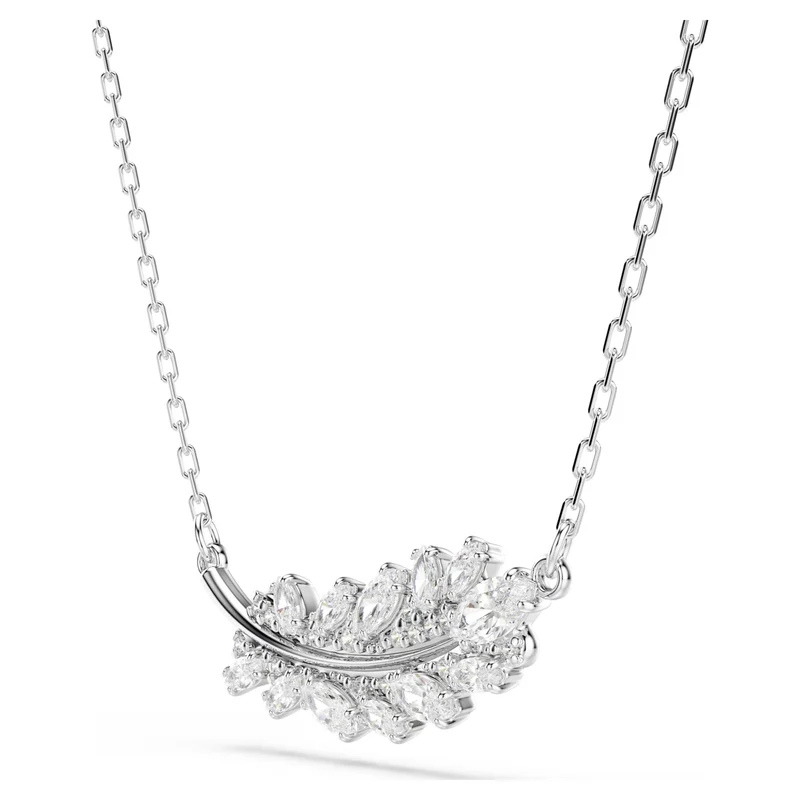 Vienna Feather Pendant Necklace with Mixed-Cut White Crystal in Rhodium Silver