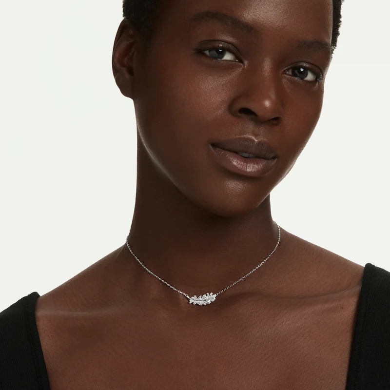 Vienna Feather Pendant Necklace with Mixed-Cut White Crystal in Rhodium Silver