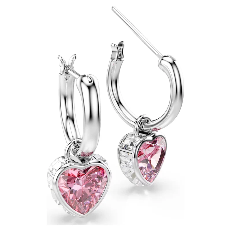 Chroma Heart Drop Earrings with Pink Crystal in Rhodium Silver