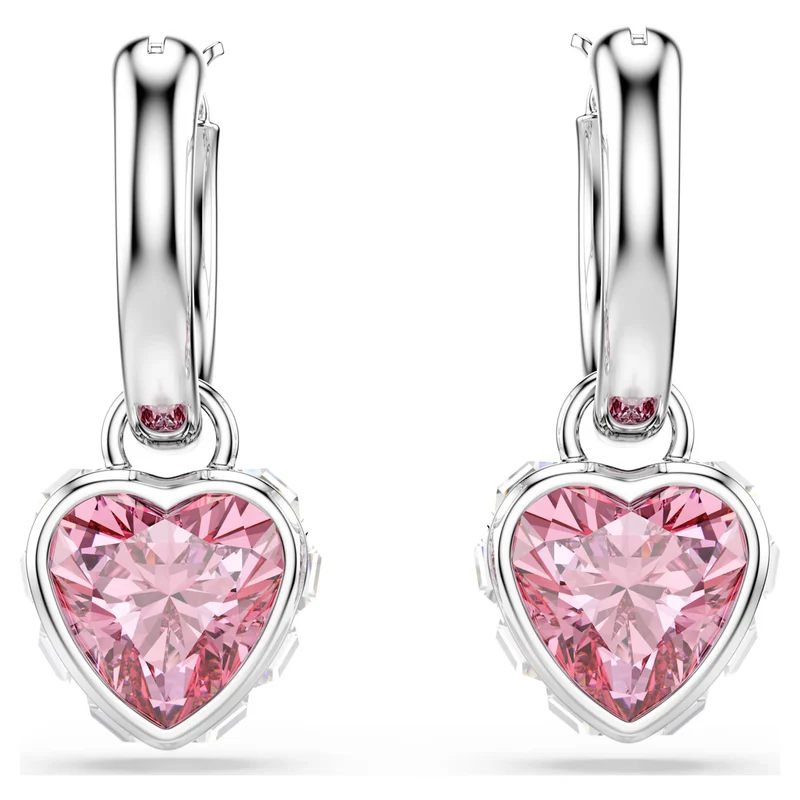 Chroma Heart Drop Earrings with Pink Crystal in Rhodium Silver