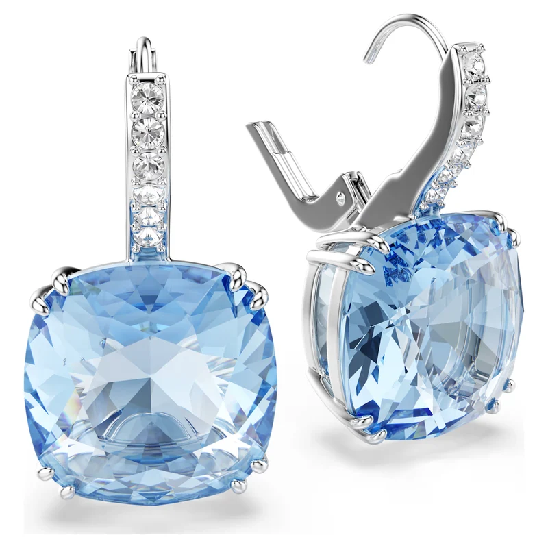 Millenia Drop Earrings with Cushion-Cut Blue Crystal in Rhodium Silver