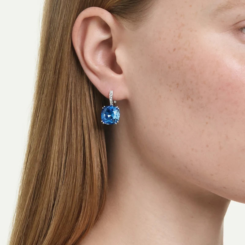 Millenia Drop Earrings with Cushion-Cut Blue Crystal in Rhodium Silver