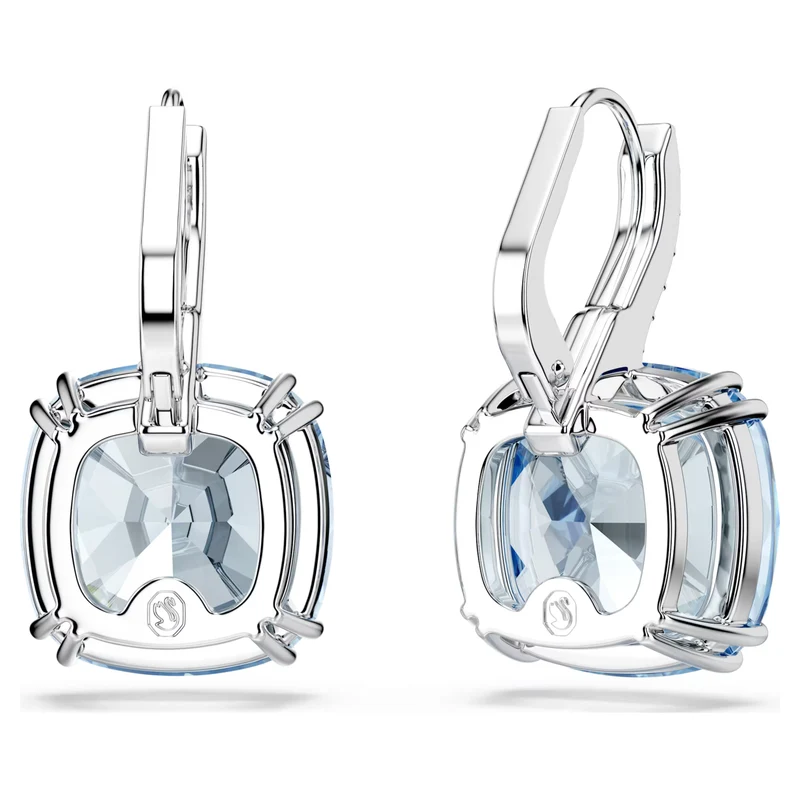 Millenia Drop Earrings with Cushion-Cut Blue Crystal in Rhodium Silver