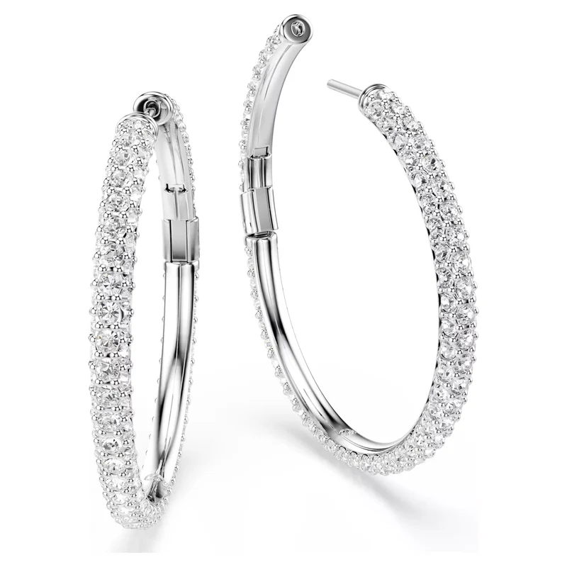 Dextera Hoop Earrings with Round-Cut White Crystal in Rhodium Silver