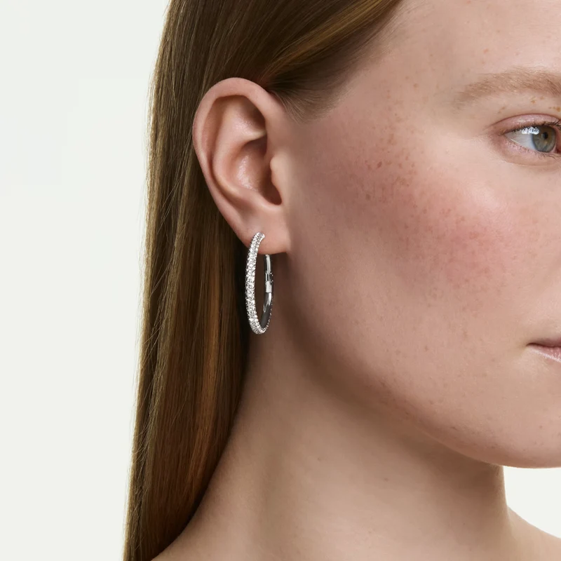 Dextera Hoop Earrings with Round-Cut White Crystal in Rhodium Silver