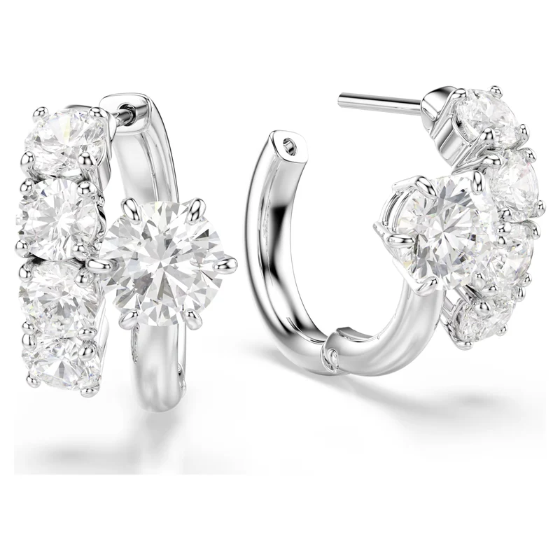 Matrix Hoop Earrings with Round-Cut White Crystal in Rhodium Silver