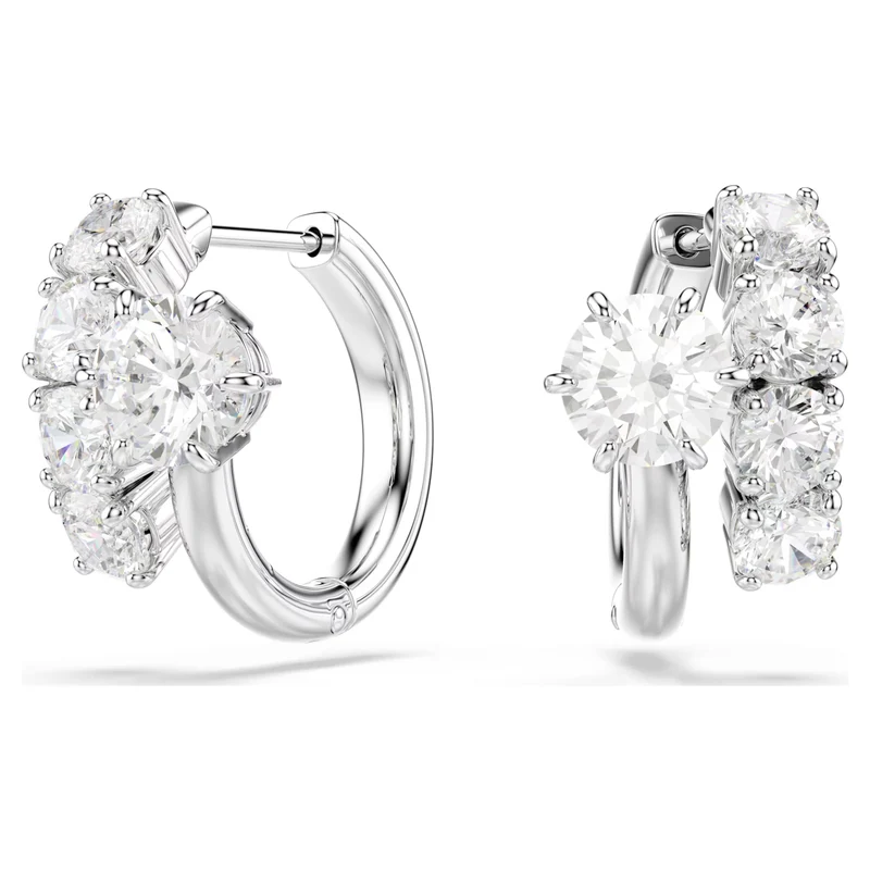 Matrix Hoop Earrings with Round-Cut White Crystal in Rhodium Silver