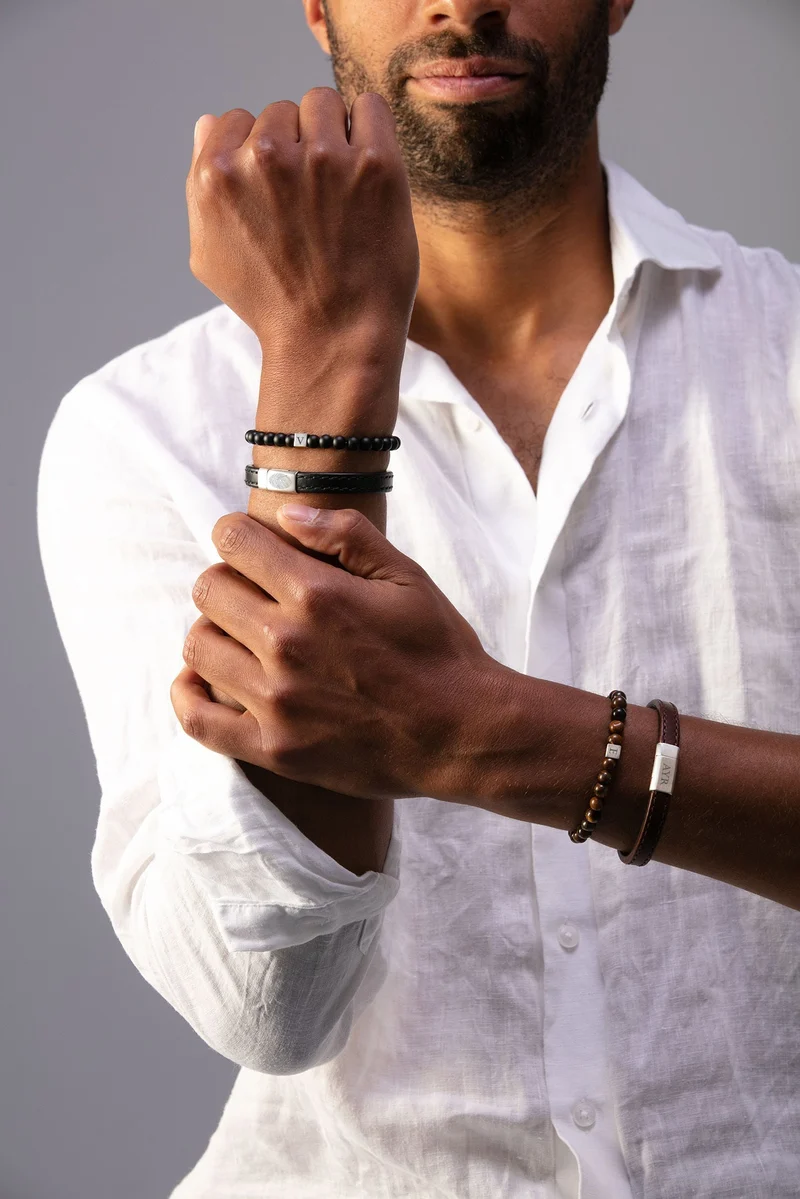 Leren Gepersonaliseerde Heren Armband met vingerafdruk - Zilverkleurig staal - Gepersonaliseerde Heren Armband