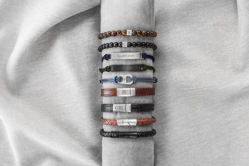 Leren Gepersonaliseerde Heren Armband met vingerafdruk - Zilverkleurig staal - Gepersonaliseerde Heren Armband