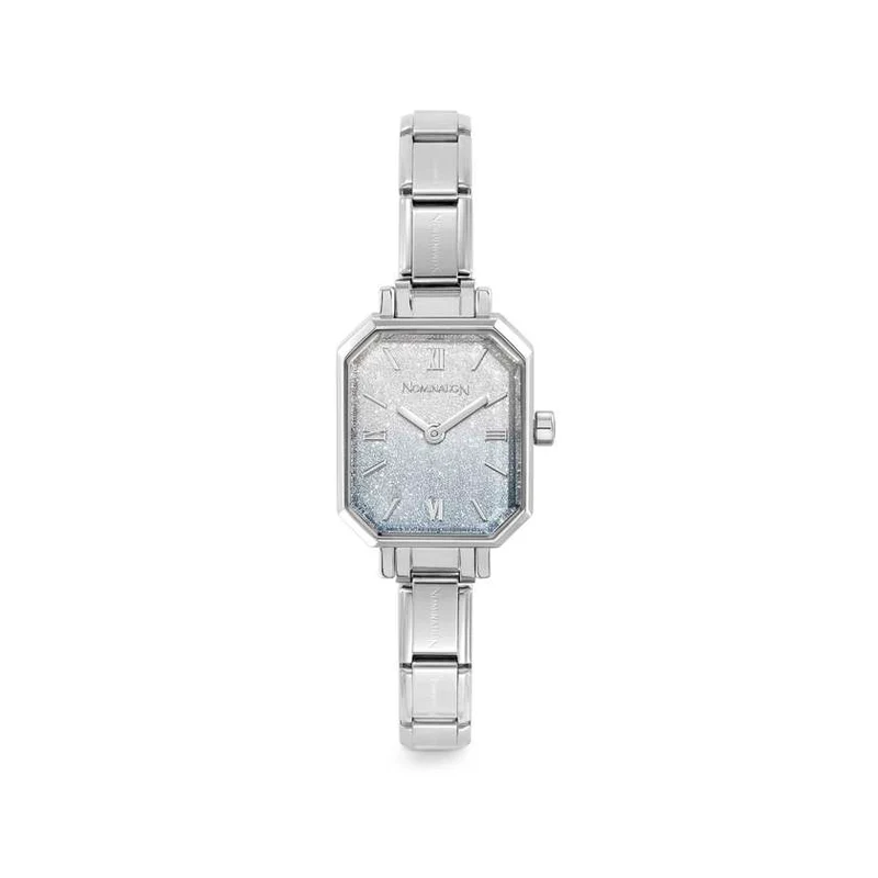 Time Paris Rectangle Light Blue Glitter Gradient Dial & Silver Charm Bracelet Watch