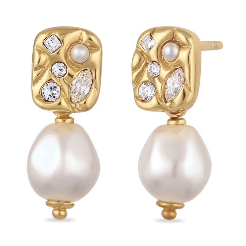 Ohrstecker Plättchen | Mit Perle und Kristallen von Swarovski® (Weiß)