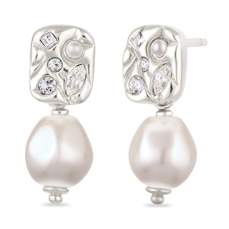 Ohrstecker Plättchen | Mit Perle und Kristallen von Swarovski® (Weiß)