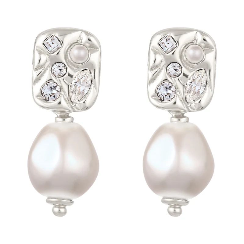 Ohrstecker Plättchen | Mit Perle und Kristallen von Swarovski® (Weiß)