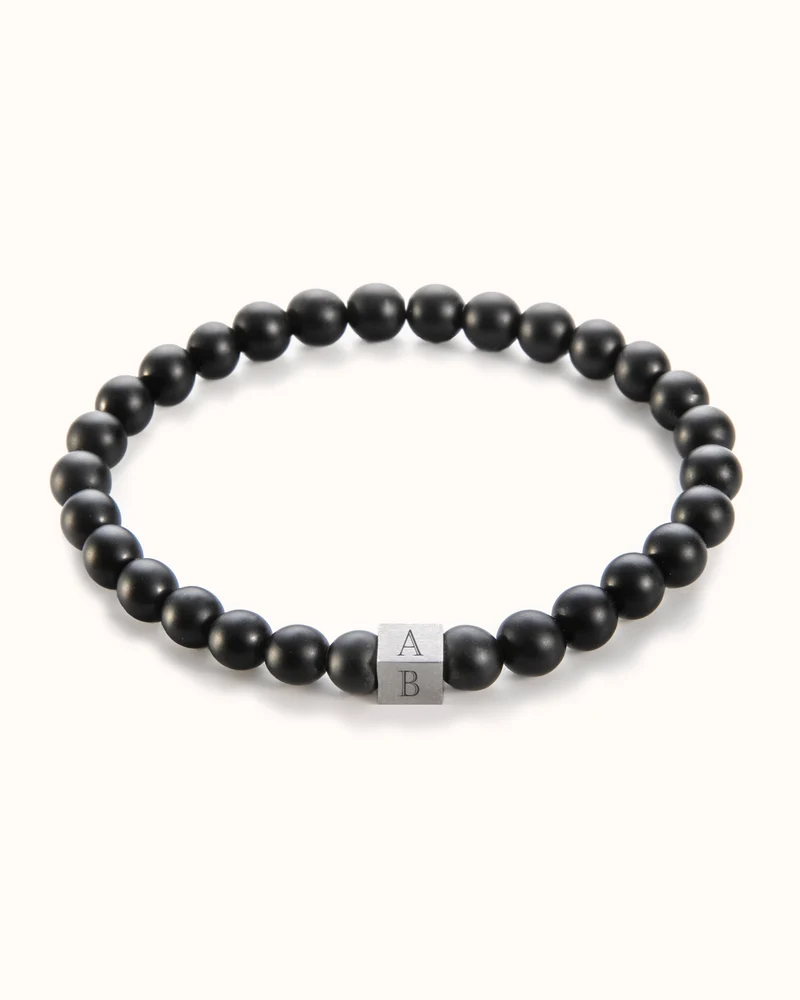 Mannen Beaded Initial Armband Black Onyx - Zilverkleurig staal - Gepersonaliseerde Heren Armband