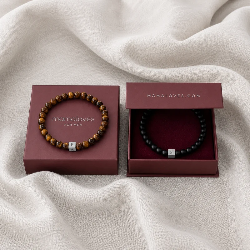 Mannen Beaded Initial Armband Tigers Eye - Zilverkleurig staal - Gepersonaliseerde Heren Armband