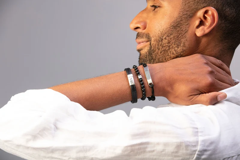 Mannen Beaded Initial Armband Black Onyx - Zilverkleurig staal - Gepersonaliseerde Heren Armband