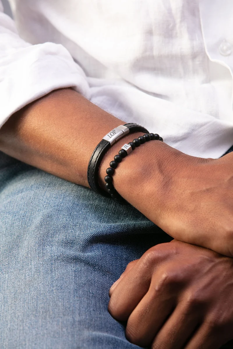 Mannen Beaded Initial Armband Black Onyx - Zilverkleurig staal - Gepersonaliseerde Heren Armband