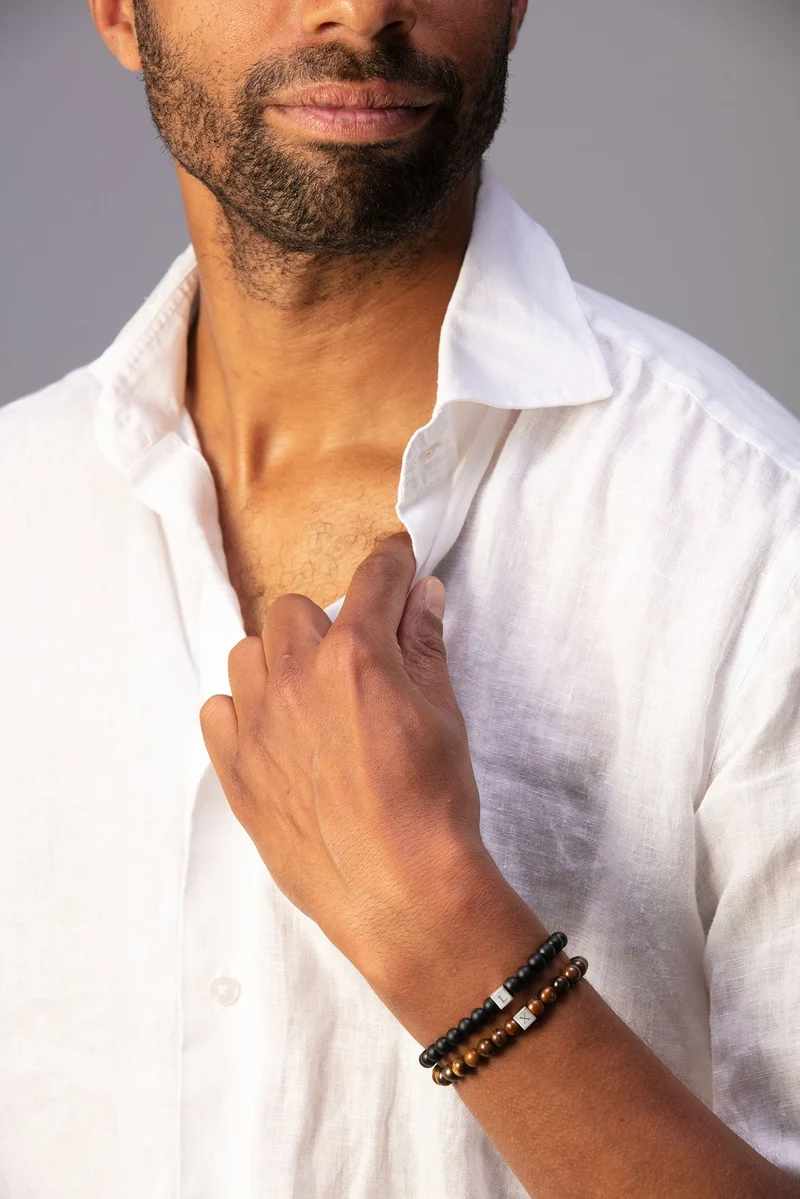 Mannen Beaded Initial Armband Black Onyx - Zilverkleurig staal - Gepersonaliseerde Heren Armband