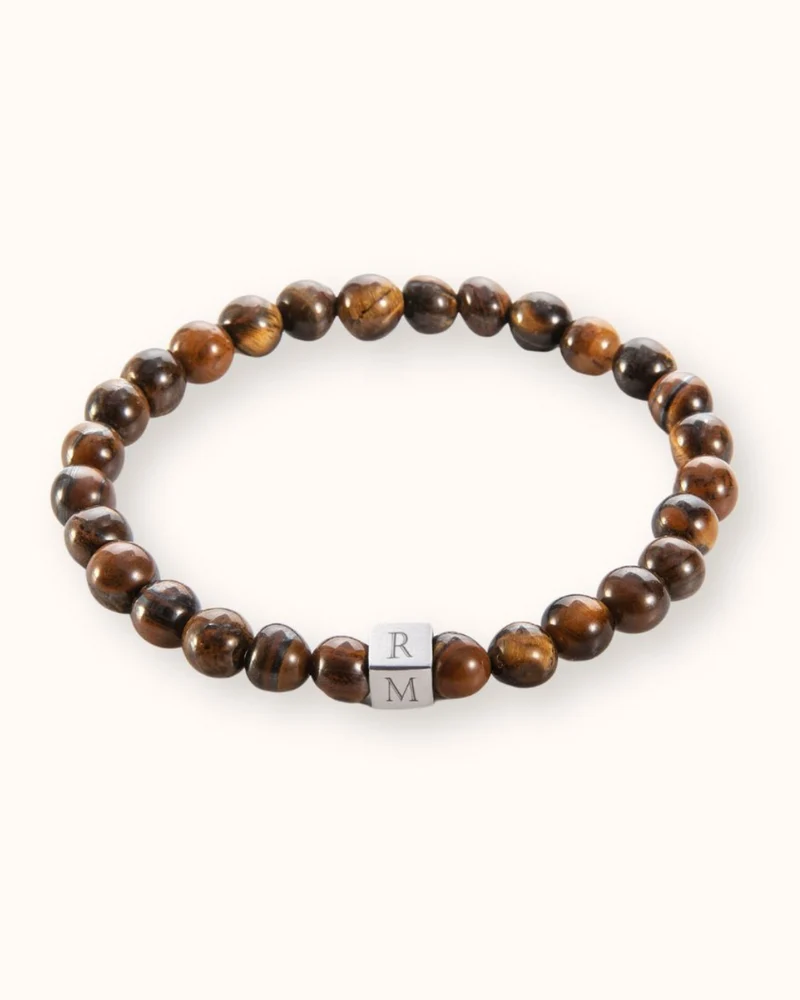 Mannen Beaded Initial Armband Tigers Eye - Zilverkleurig staal - Gepersonaliseerde Heren Armband