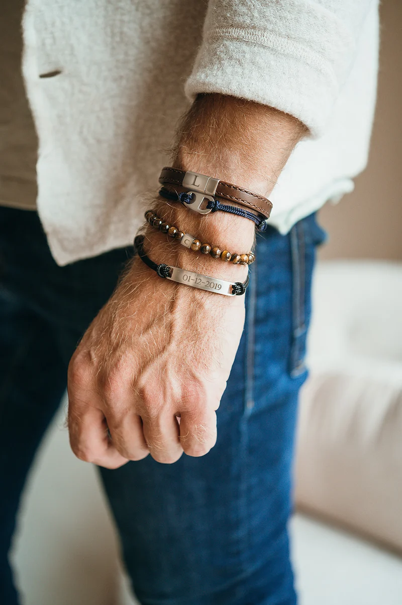 Mannen Beaded Initial Armband Tigers Eye - Zilverkleurig staal - Gepersonaliseerde Heren Armband