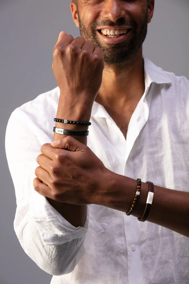 Mannen Beaded Initial Armband Tigers Eye - Zilverkleurig staal - Gepersonaliseerde Heren Armband
