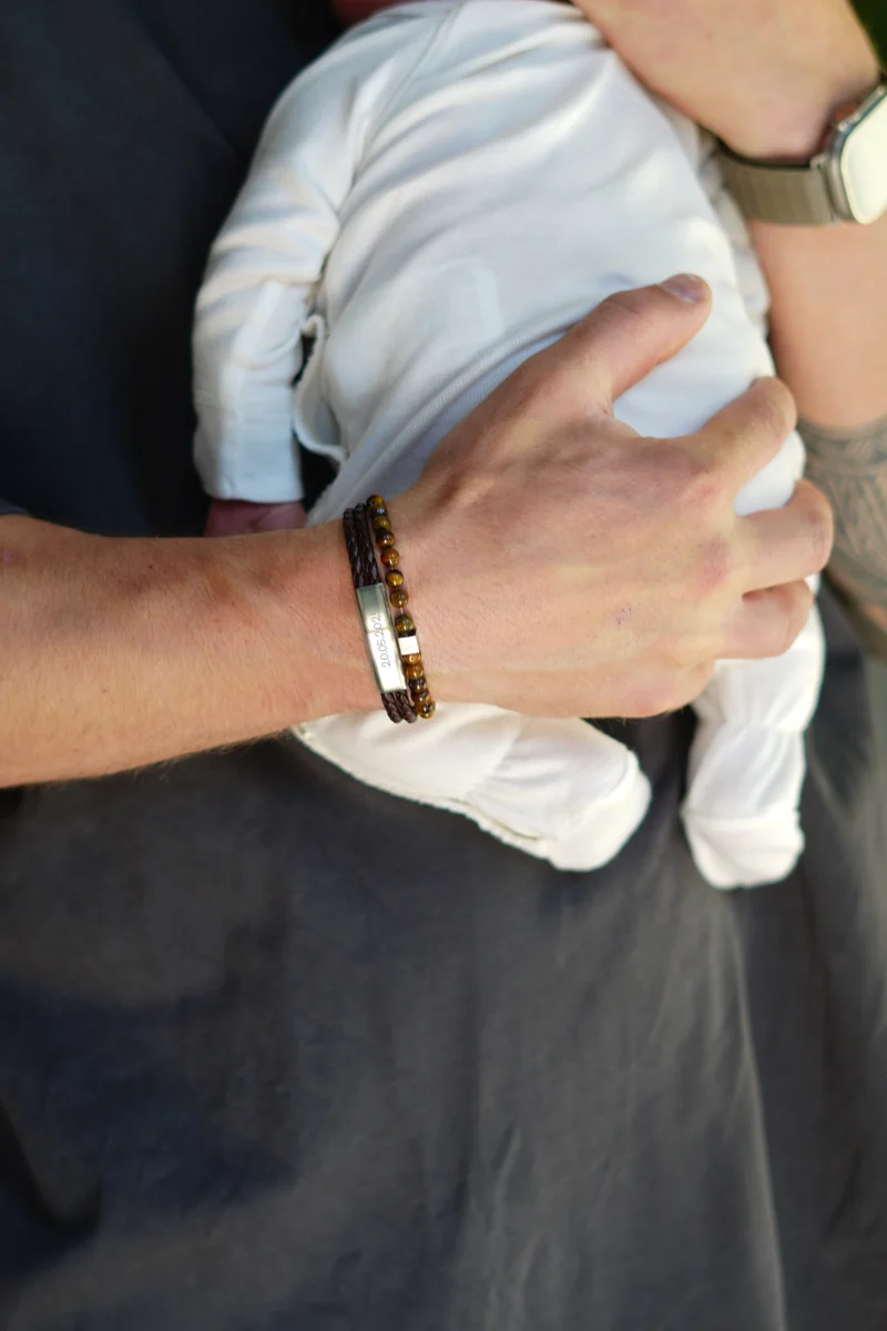 Mannen Beaded Initial Armband Tigers Eye - Zilverkleurig staal - Gepersonaliseerde Heren Armband