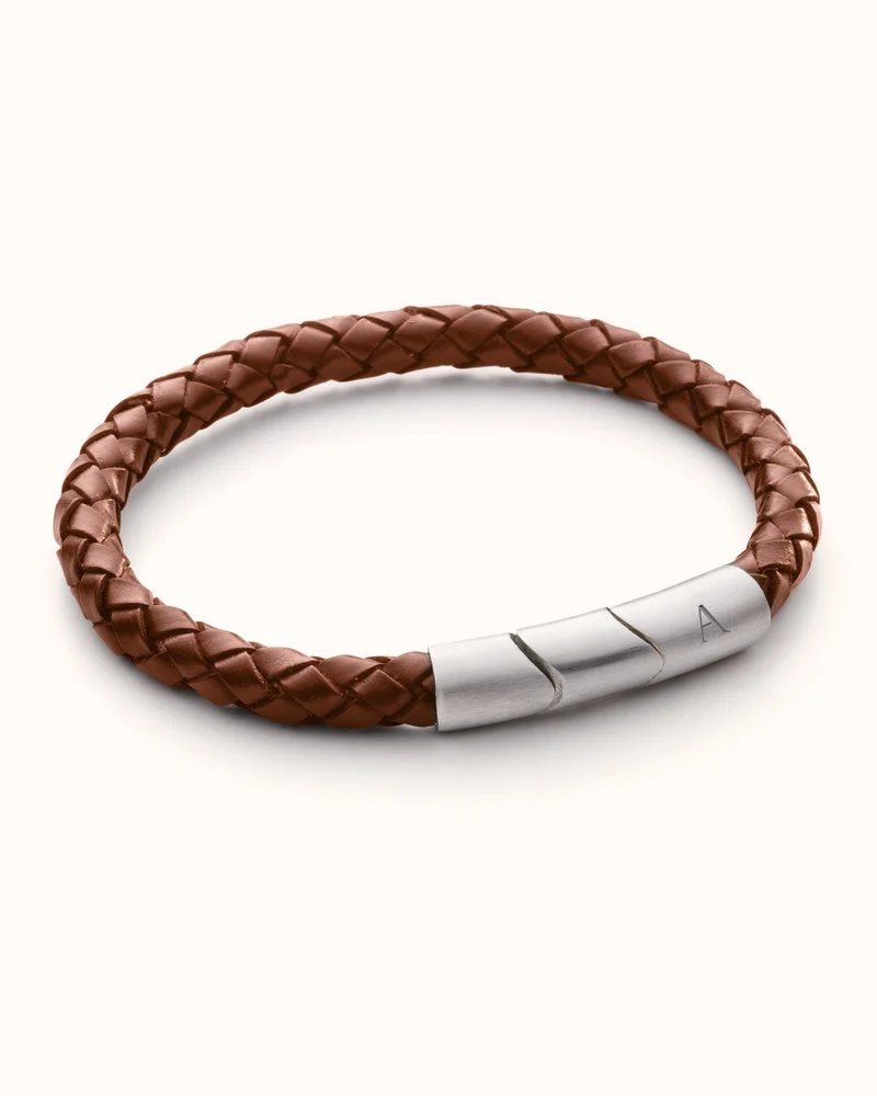 Mannen Leren Initial Armband Cognac - Zilverkleurig staal - Gepersonaliseerde Heren Armband