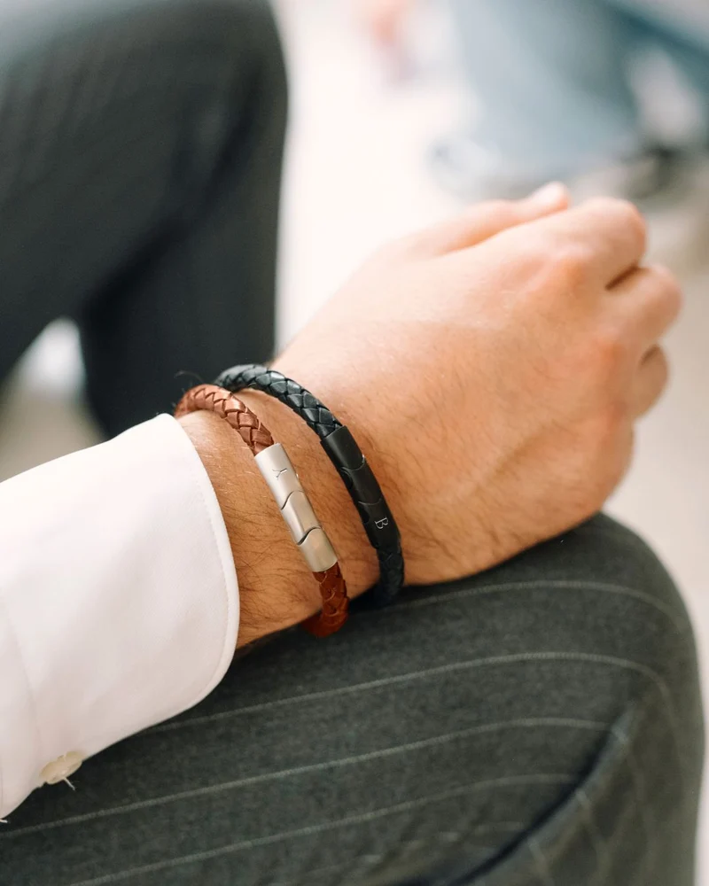 Mannen Leren Initial Armband Black - Gepersonaliseerde Heren Armband