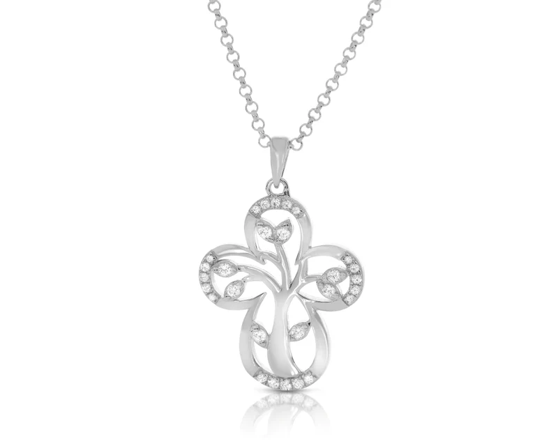 Elegante Kreuz Kette mit Lebensbaum & Zirkonia 925 Silber Halskette