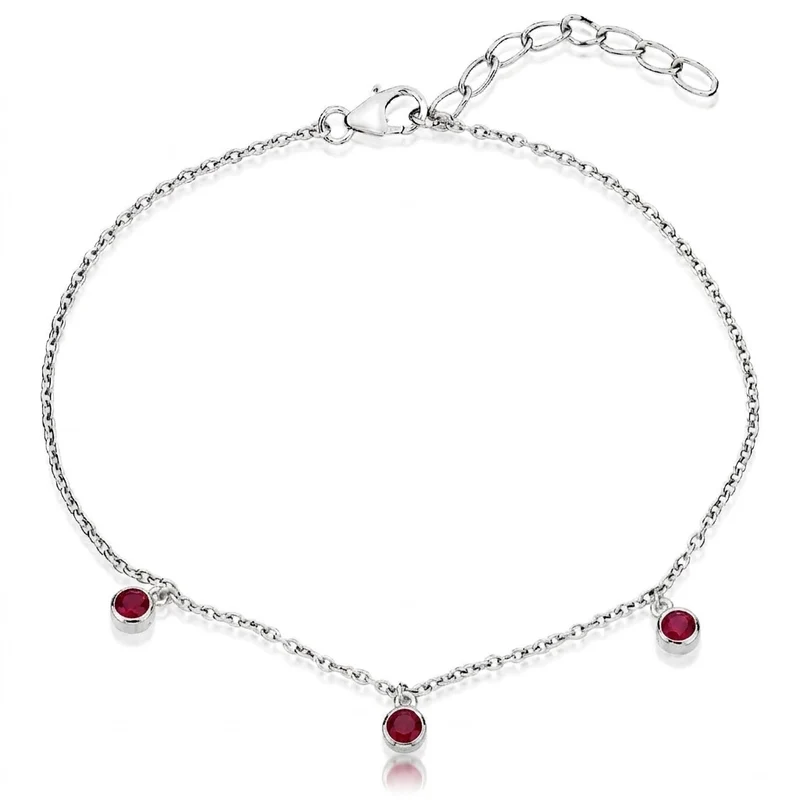 Silver and Ruby Red CZ Triple Stone July Birthstone Bracelet