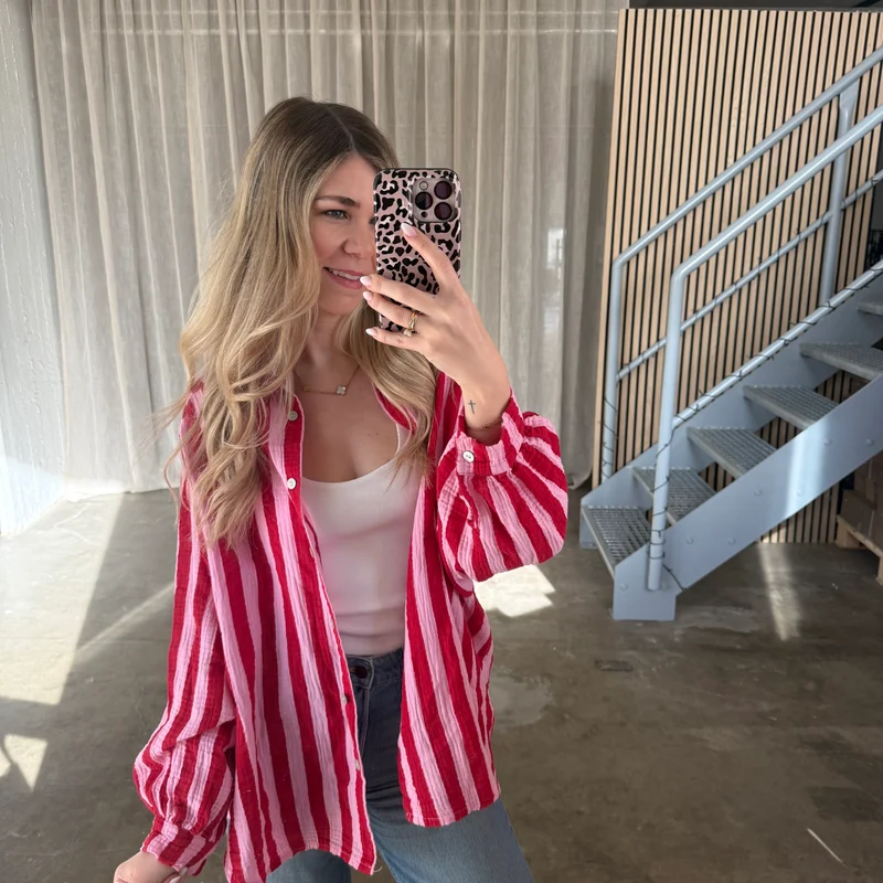 Oversize Musselinbluse Big Stripes - Rosa x Rot