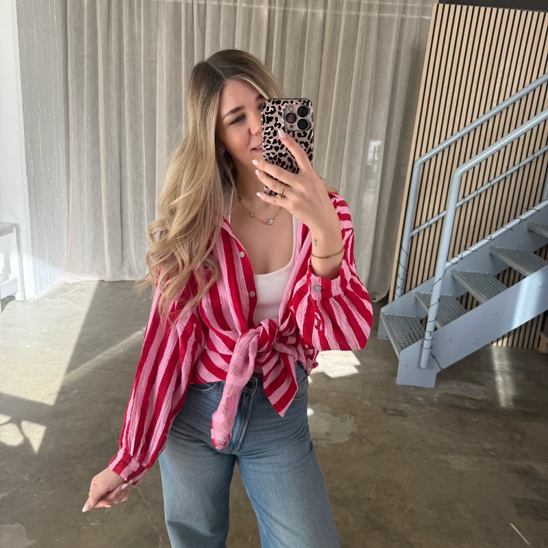 Oversize Musselinbluse Big Stripes - Rosa x Rot