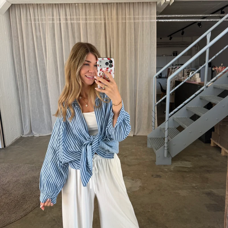 Oversize Musselinbluse Small Stripes - Double Blue