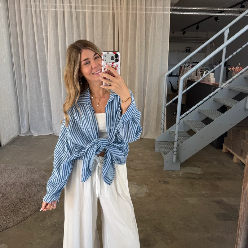 Oversize Musselinbluse Small Stripes - Double Blue