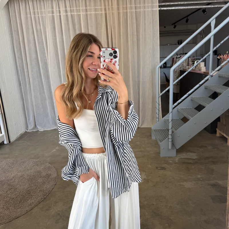 Oversize Musselinbluse Small Stripes - Navi x Weiß