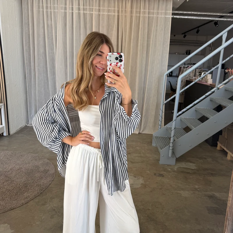 Oversize Musselinbluse Small Stripes - Navi x Weiß