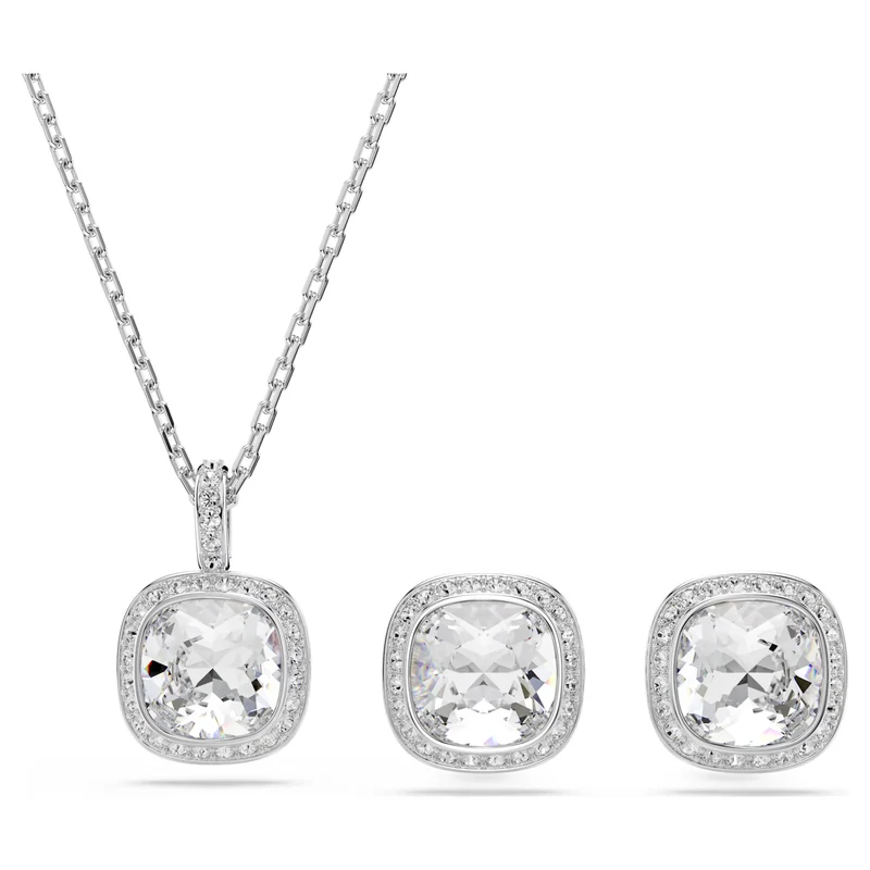 Una Angelic Necklace & Earrings Set with Cushion-Cut White Crystal in Rhodium Silver