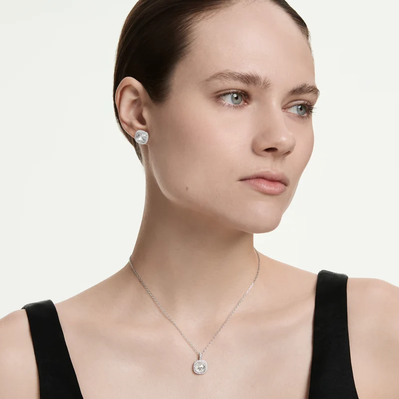 Una Angelic Necklace & Earrings Set with Cushion-Cut White Crystal in Rhodium Silver
